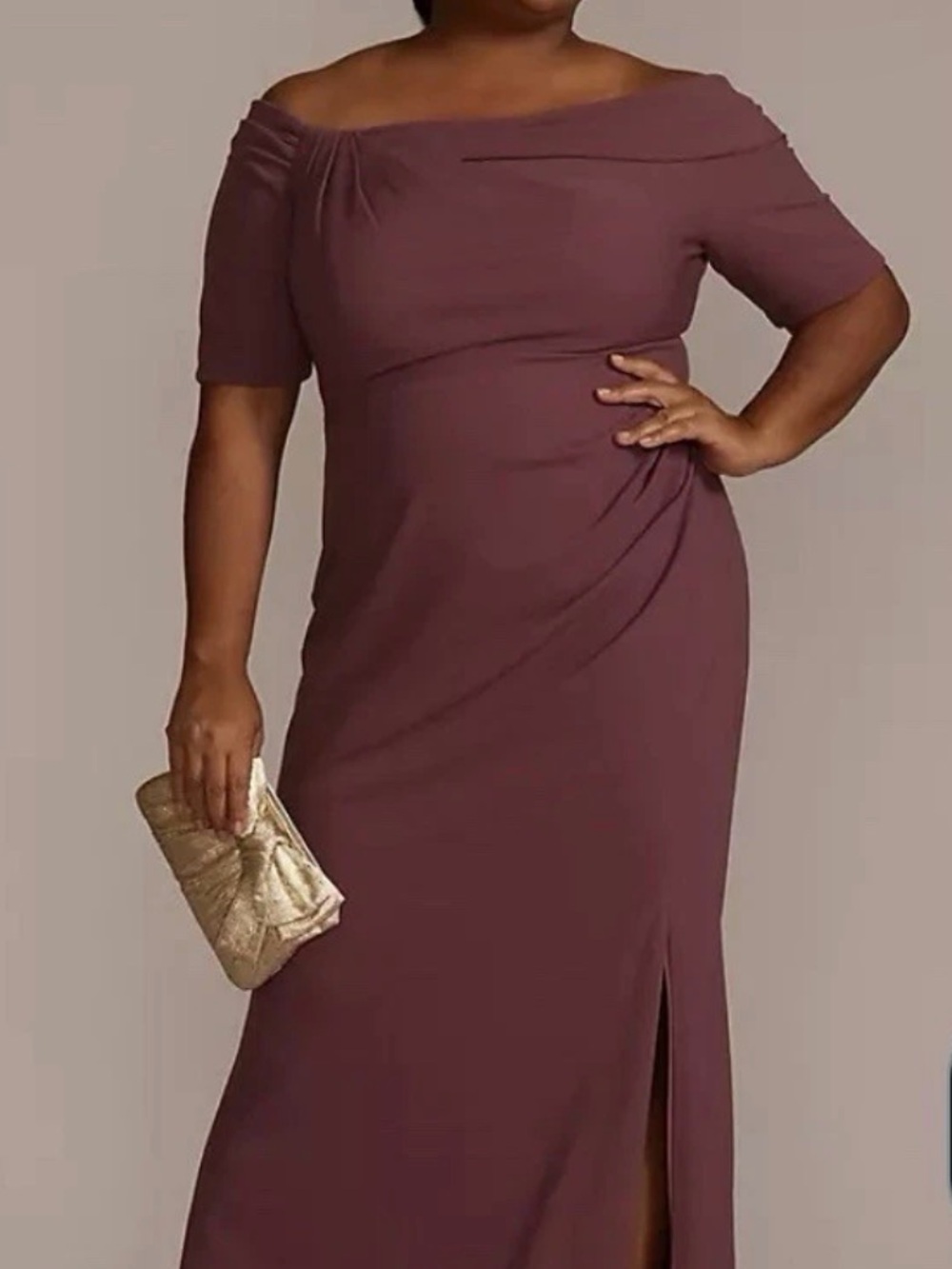 David's Bridal “Oleg Cassini” Long, Off Shoulder Drapped Dress in Chianti color